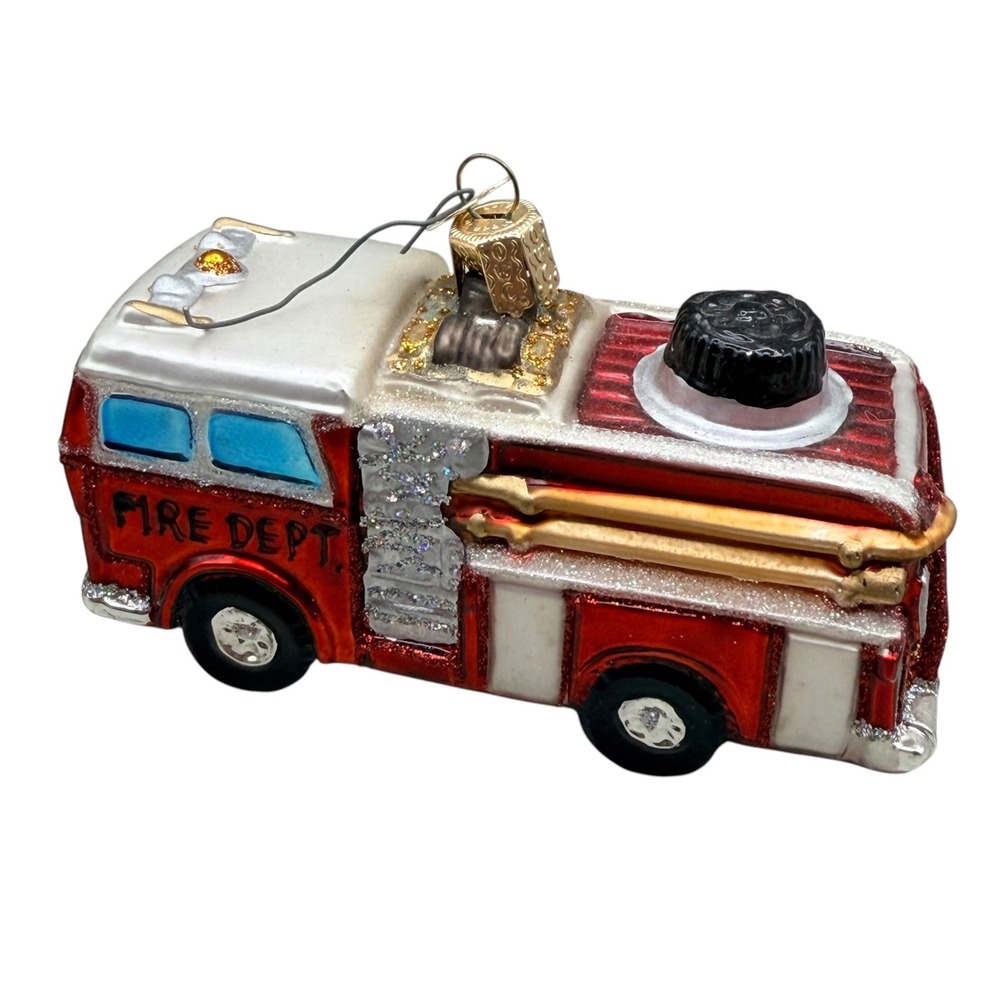 Old World Christmas Fire Truck Glass Ornament Red White Fire Engine OWC Heart